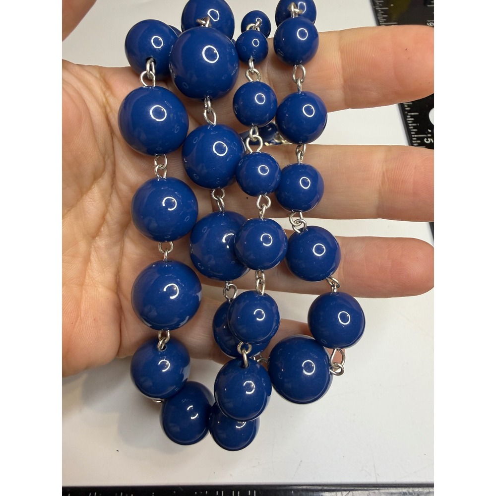 Cobalt Blue Double Strand Beaded Statement Necklace Silver Tone Graduated Beads